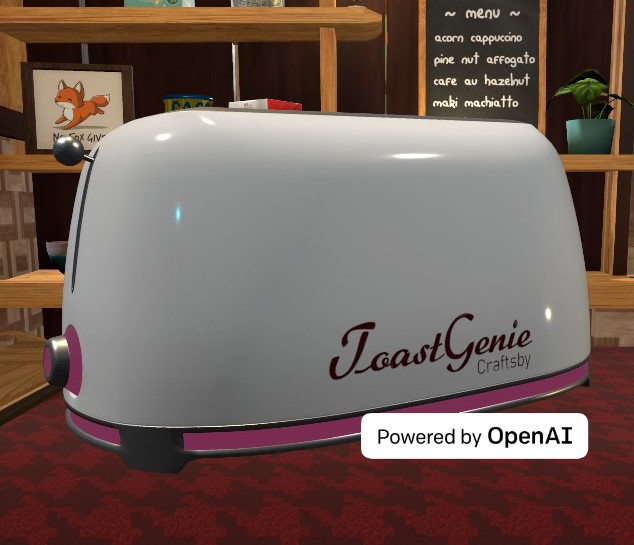 ToastGenie Craftsby in situ: a white toaster with magenta trim and a script logo on its flank, standing on a counter in a virtual café beside a chalkboard menu, with a Powered by OpenAI badge