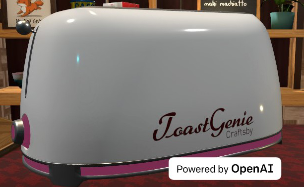 ToastGenie Craftsby, a white toaster with magenta trim and a script logo, photographed close on a café counter in Tivoli Cloud VR